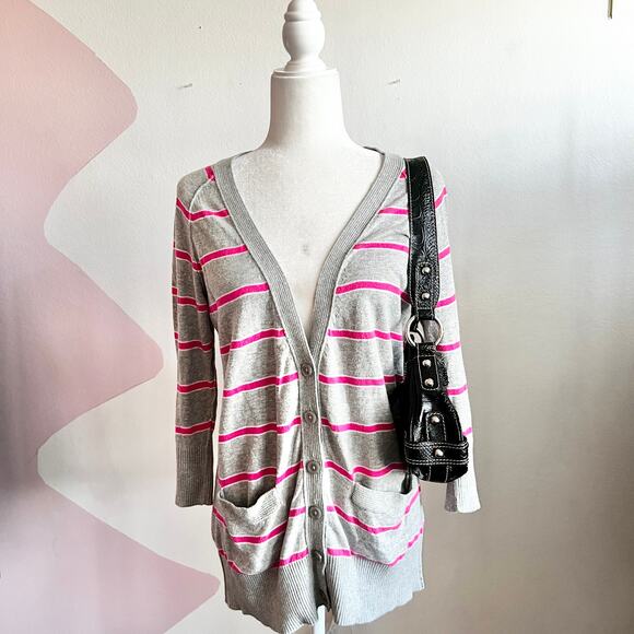 Pink Striped Cardigan, Y2K Indie Soft Girl Retro Tumblr Preppy Large - Picture 1 of 7